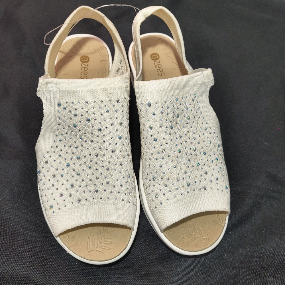 Bzees Women Size 10 White Rhinestone Accented Sling Back Open-Toe Wedge Sandals
